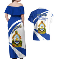 Honduras Independence Day Couples Matching Off Shoulder Maxi Dress and Hawaiian Shirt Map With Coat Of Arms - Wonder Print Shop