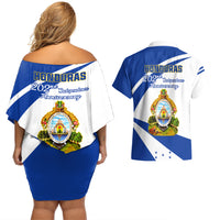 Honduras Independence Day Couples Matching Off Shoulder Short Dress and Hawaiian Shirt Map With Coat Of Arms - Wonder Print Shop