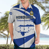 Honduras Independence Day Hawaiian shirt, short-sleeve button-up with map and blue-striped panels