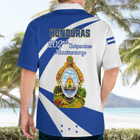Honduras Independence Day Hawaiian shirt, back with coat of arms crest and blue-and-white stripes