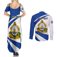 Personalised Honduras Independence Day Couples Matching Summer Maxi Dress and Long Sleeve Button Shirts Map With Coat Of Arms - Wonder Print Shop