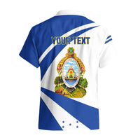 Blue-and-white Hawaiian shirt back with crest, diagonal stripes, and 'YOUR TEXT'