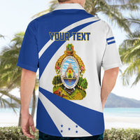 Mens blue-and-white Hawaiian shirt back with crest emblem and diagonal 'YOUR TEXT'