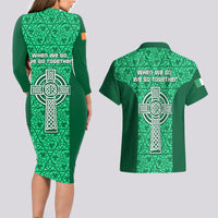 Ireland Rugby Couples Matching Long Sleeve Bodycon Dress and Hawaiian Shirt Irish Celtic Cross Mix Shamrock Pattern - Wonder Print Shop
