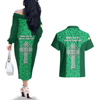 Ireland Rugby Couples Matching Off The Shoulder Long Sleeve Dress and Hawaiian Shirt Irish Celtic Cross Mix Shamrock Pattern - Wonder Print Shop