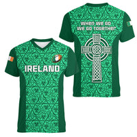 Ireland Rugby Women V Neck T Shirt Irish Celtic Cross Mix Shamrock Pattern - Wonder Print Shop
