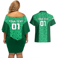 Custom Ireland Rugby Couples Matching Off Shoulder Short Dress and Hawaiian Shirt Irish Celtic Cross Mix Shamrock Pattern - Wonder Print Shop