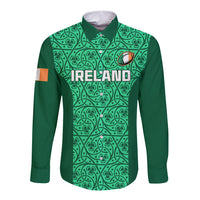 Custom Ireland Rugby Long Sleeve Button Shirt Irish Celtic Cross Mix Shamrock Pattern - Wonder Print Shop