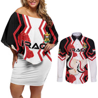 Personalized Iraq Independence Day Couples Matching Off Shoulder Short Dress and Long Sleeve Button Shirt Dove Carrying Flag - Wonder Print Shop