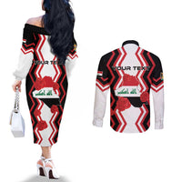 Personalized Iraq Independence Day Couples Matching Off The Shoulder Long Sleeve Dress and Long Sleeve Button Shirt Dove Carrying Flag