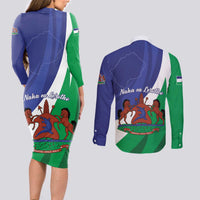 Lesotho 1966 Unique Couples Matching Long Sleeve Bodycon Dress and Long Sleeve Button Shirt Spiral Aloe Coat of Arms - Wonder Print Shop