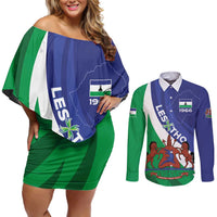 Lesotho 1966 Unique Couples Matching Off Shoulder Short Dress and Long Sleeve Button Shirt Spiral Aloe Coat of Arms - Wonder Print Shop
