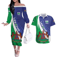 Lesotho 1966 Unique Couples Matching Off The Shoulder Long Sleeve Dress and Hawaiian Shirt Spiral Aloe Coat of Arms - Wonder Print Shop