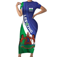 Lesotho 1966 Unique Short Sleeve Bodycon Dress Spiral Aloe Coat of Arms - Wonder Print Shop