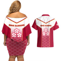 Japan Rugby Couples Matching Off Shoulder Short Dress and Hawaiian Shirt Brave Blossoms Japanese Motif Pattern - Wonder Print Shop