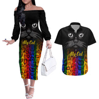 Personalised Ally Cat Couples Matching Off The Shoulder Long Sleeve Dress and Hawaiian Shirt 2023 National Coming Out Day - Wonder Print Shop