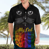 Black Hawaiian shirt with cat face graphic and rainbow leopard stripes, “Ally Cat”, front