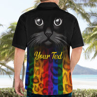 Black Hawaiian shirt with cat face graphic and rainbow leopard stripes, “Your Text”, back