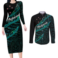 Personalised Aotearoa Couples Matching Long Sleeve Bodycon Dress and Long Sleeve Button Shirts Silver Fern Mix Paua Shell Polynesian Pattern - Wonder Print Shop