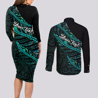 Personalised Aotearoa Couples Matching Long Sleeve Bodycon Dress and Long Sleeve Button Shirts Silver Fern Mix Paua Shell Polynesian Pattern - Wonder Print Shop