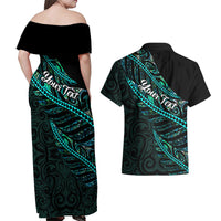 Personalised Aotearoa Couples Matching Off Shoulder Maxi Dress and Hawaiian Shirt Silver Fern Mix Paua Shell Polynesian Pattern - Wonder Print Shop