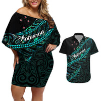 Personalised Aotearoa Couples Matching Off Shoulder Short Dress and Hawaiian Shirt Silver Fern Mix Paua Shell Polynesian Pattern - Wonder Print Shop