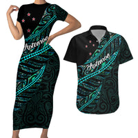 Personalised Aotearoa Couples Matching Short Sleeve Bodycon Dress and Hawaiian Shirt Silver Fern Mix Paua Shell Polynesian Pattern - Wonder Print Shop