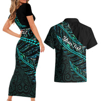 Personalised Aotearoa Couples Matching Short Sleeve Bodycon Dress and Hawaiian Shirt Silver Fern Mix Paua Shell Polynesian Pattern - Wonder Print Shop