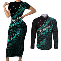 Personalised Aotearoa Couples Matching Short Sleeve Bodycon Dress and Long Sleeve Button Shirts Silver Fern Mix Paua Shell Polynesian Pattern - Wonder Print Shop