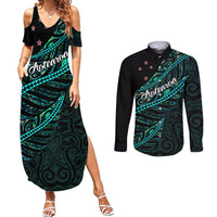 Personalised Aotearoa Couples Matching Summer Maxi Dress and Long Sleeve Button Shirts Silver Fern Mix Paua Shell Polynesian Pattern - Wonder Print Shop