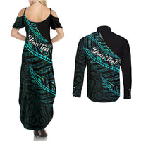 Personalised Aotearoa Couples Matching Summer Maxi Dress and Long Sleeve Button Shirts Silver Fern Mix Paua Shell Polynesian Pattern - Wonder Print Shop