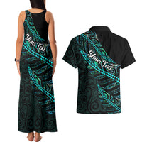 Personalised Aotearoa Couples Matching Tank Maxi Dress and Hawaiian Shirt Silver Fern Mix Paua Shell Polynesian Pattern - Wonder Print Shop