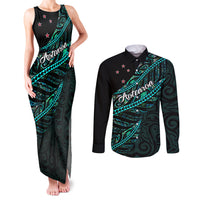 Personalised Aotearoa Couples Matching Tank Maxi Dress and Long Sleeve Button Shirts Silver Fern Mix Paua Shell Polynesian Pattern - Wonder Print Shop
