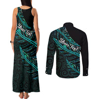 Personalised Aotearoa Couples Matching Tank Maxi Dress and Long Sleeve Button Shirts Silver Fern Mix Paua Shell Polynesian Pattern - Wonder Print Shop
