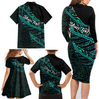 Personalised Aotearoa Family Matching Long Sleeve Bodycon Dress and Hawaiian Shirt Silver Fern Mix Paua Shell Polynesian Pattern - Wonder Print Shop