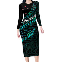Personalised Aotearoa Family Matching Long Sleeve Bodycon Dress and Hawaiian Shirt Silver Fern Mix Paua Shell Polynesian Pattern - Wonder Print Shop