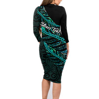 Personalised Aotearoa Family Matching Long Sleeve Bodycon Dress and Hawaiian Shirt Silver Fern Mix Paua Shell Polynesian Pattern - Wonder Print Shop