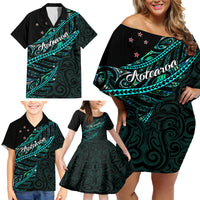 Personalised Aotearoa Family Matching Off Shoulder Short Dress and Hawaiian Shirt Silver Fern Mix Paua Shell Polynesian Pattern - Wonder Print Shop