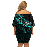 Personalised Aotearoa Family Matching Off Shoulder Short Dress and Hawaiian Shirt Silver Fern Mix Paua Shell Polynesian Pattern - Wonder Print Shop