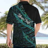 Black short-sleeve button-up shirt with teal back panel design and collar