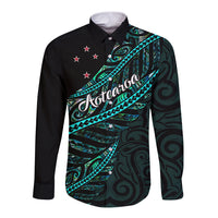 Personalised Aotearoa Long Sleeve Button Shirt Silver Fern Mix Paua Shell Polynesian Pattern - Wonder Print Shop