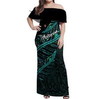 Personalised Aotearoa Off Shoulder Maxi Dress Silver Fern Mix Paua Shell Polynesian Pattern - Wonder Print Shop