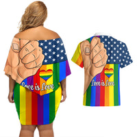 Love is Love Couples Matching Off Shoulder Short Dress and Hawaiian Shirt 2023 National Coming Out Day - Wonder Print Shop