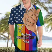 Short-sleeve Hawaiian shirt with rainbow print, fist, stars, and “National Coming Out Day”