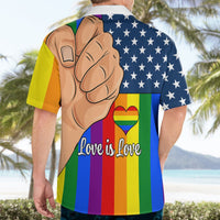 Back view: rainbow Hawaiian shirt with fist, stars, and “Love is Love” on the back