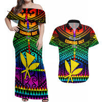 Personalised Hawaii Couples Matching Off Shoulder Maxi Dress and Hawaiian Shirt Kanaka Maoli Kakau 2023 National Coming Out Day - Wonder Print Shop