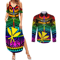 Personalised Hawaii Couples Matching Summer Maxi Dress and Long Sleeve Button Shirts Kanaka Maoli Kakau 2023 National Coming Out Day - Wonder Print Shop
