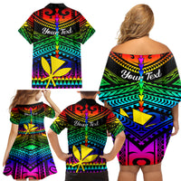 Personalised Hawaii Family Matching Off Shoulder Short Dress and Hawaiian Shirt Kanaka Maoli Kakau 2023 National Coming Out Day - Wonder Print Shop