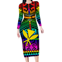 Personalised Hawaii Long Sleeve Bodycon Dress Kanaka Maoli Kakau 2023 National Coming Out Day - Wonder Print Shop