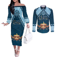 Personalized Diwali Couples Matching Off The Shoulder Long Sleeve Dress and Long Sleeve Button Shirt Festival of Lights